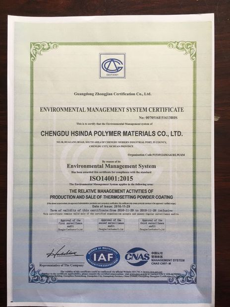 CHINA Chengdu Hsinda Polymer Materials Co., Ltd. Certificaten